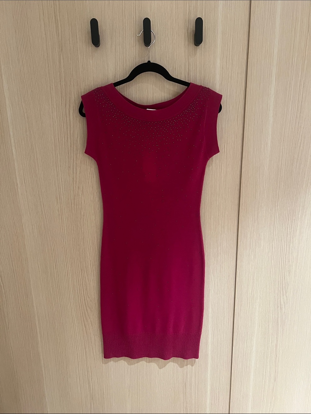 Diane Von Furstenberg Fitted Berry Knit Dress with Embellished Neck